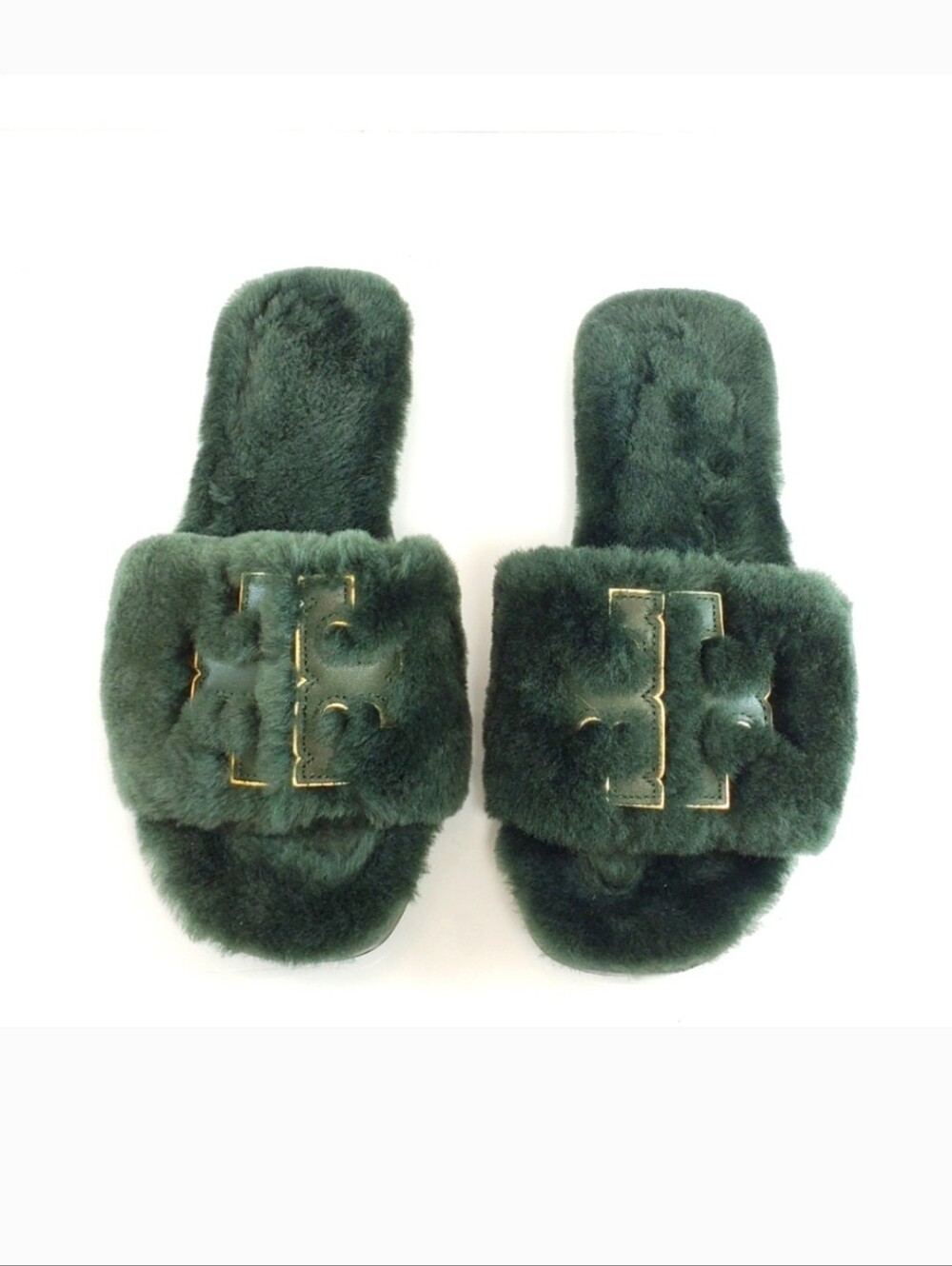 Tory Burch Dark Green Shearling Slide Sandals with Gold Logo Accent - Picture 12 of 12